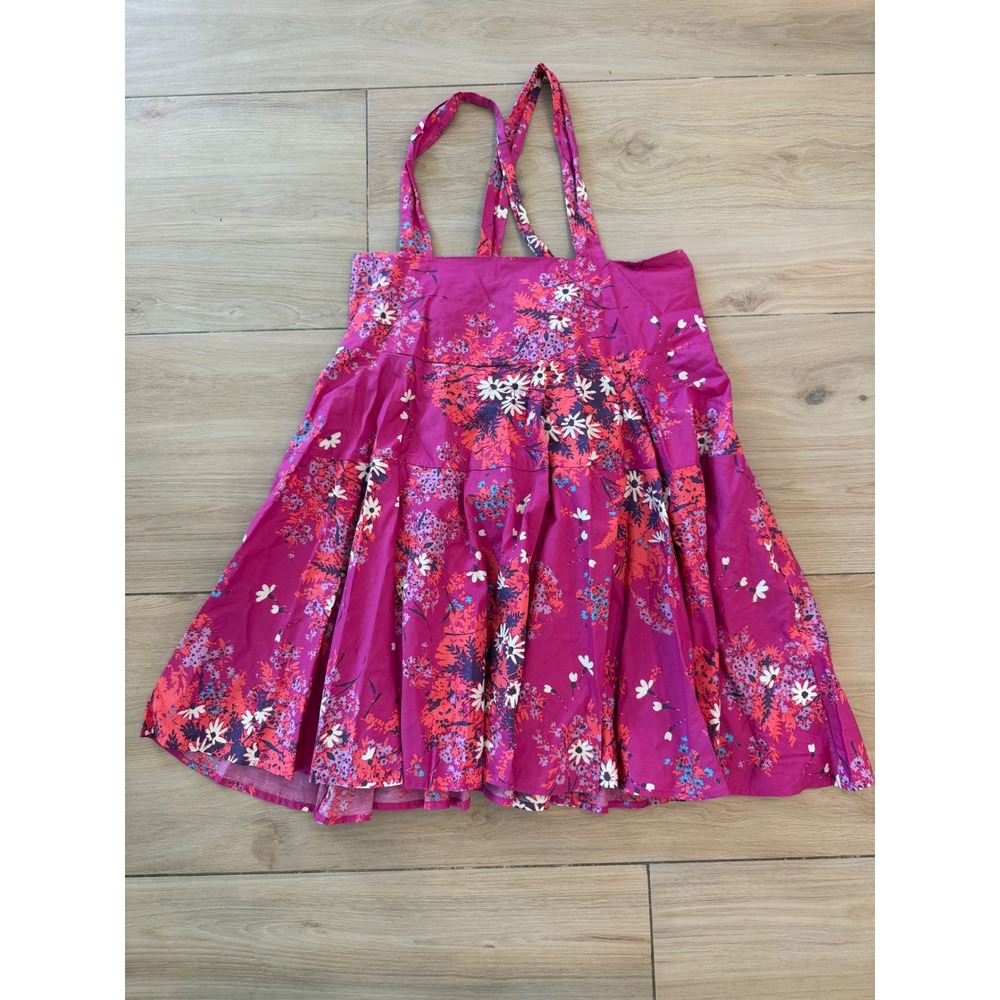 Free People Floral Mini Dress Magenta Pink Cotton Tie Back Pockets Small